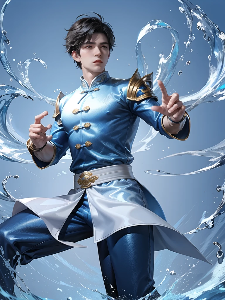(Martial arts style works),(quality),(height),(Detailed background of a young boy.),(Water element),(beautiful),(Wearing a blue and white traditional Chinese dress),(Thin muscles)(light and shadow),(1 man),(ornamentation),(Chinese anime subtitles),(One blue sky ring)