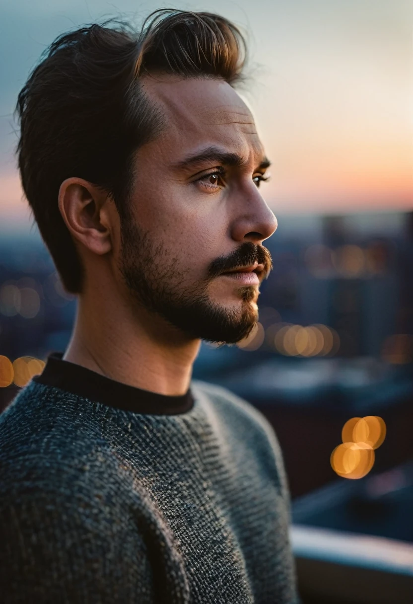 closeup photo of a man wearing fitted sweater, facial hair, blurred city skyline, urban rooftop, twilight, natural light, city lights, subtle backdrop, intense and introspective mood, skin texture, modern (rugged:0.4) aesthetic, thoughtful expression, charismatic, bokeh, cinemascope, moody, epic, gorgeous, film grain