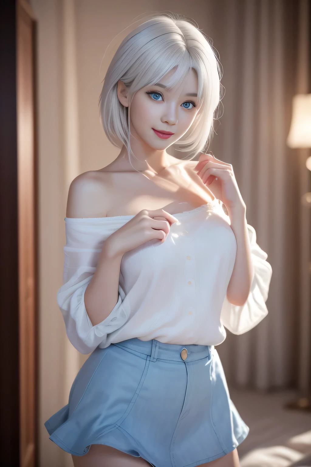 (blue eyes:1.2)、The most beautiful smile、(White hair:1.5)、、short hair, (Original Photography、Top quality)、(realism、Reality:1.3)、Top quality、masterpiece、Extremely exquisite and beautiful、Very detailed的、nffsw、Sense of solidarity、2k wallpapers、Gorgeous、Every detail is beautiful、masterpiece、A faint smile、Top quality、Highly detailed Unity 8k wallpaper、Huge file size、Extremely detailed、high resolution、Very detailed、1 female、Slim、D cup、(Black tights:0.7)、(Pink skirt:1.2)、Outlook、Be focused、Close-up of face、Pure complexion_v1:0.8.short hair、Instagram、The viewer's perspective、Selfie