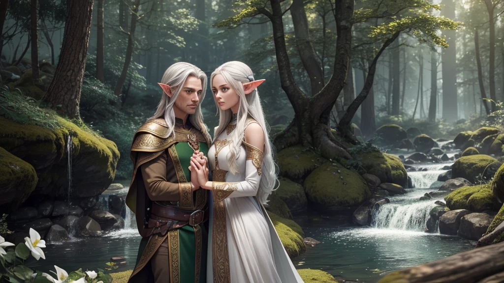 (Elf man with dark brown skin and green eyes), (Elf woman with white hair and grey eyes), (Details of flowers and roots on their bodies), Man And Woman, a few elves next to each other with their hands close together in a forest with a lake in the background, highest quality, 4K, 8K, unreal engine, RPG-Character, Illustration, extremely detailed, professional details, first work, illustrative characters, artistry.