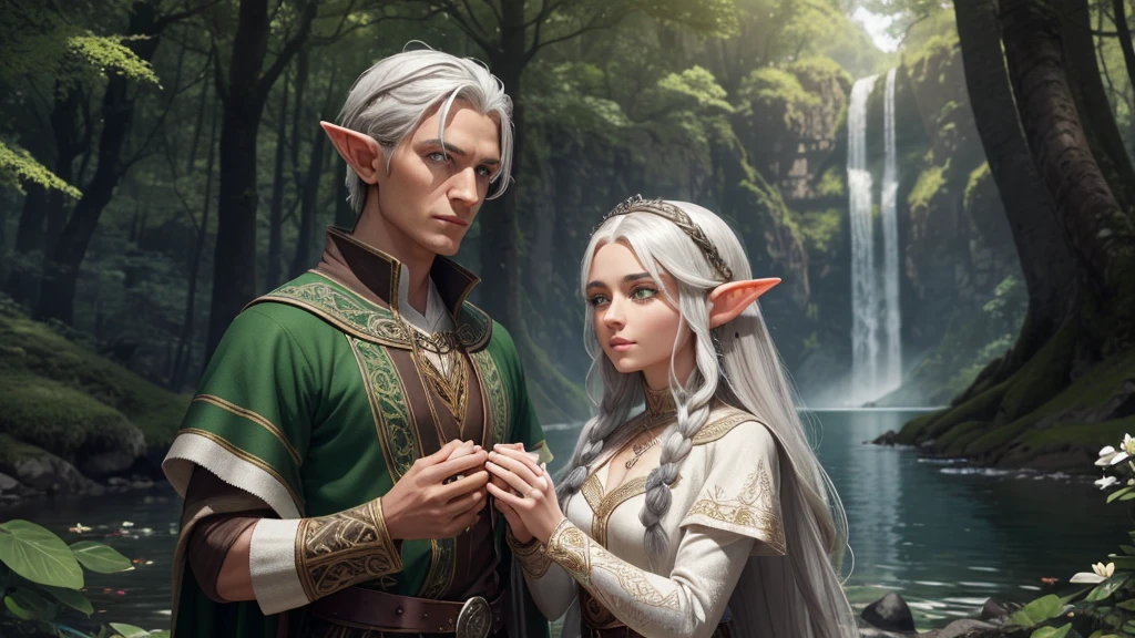 (Elf man with dark brown skin and green eyes), (Elf woman with white hair and grey eyes), (Details of flowers and roots on their bodies), Man And Woman, a few elves next to each other with their hands close together in a forest with a lake in the background, highest quality, 4K, 8K, unreal engine, RPG-Character, Illustration, extremely detailed, professional details, first work, illustrative characters, artistry.