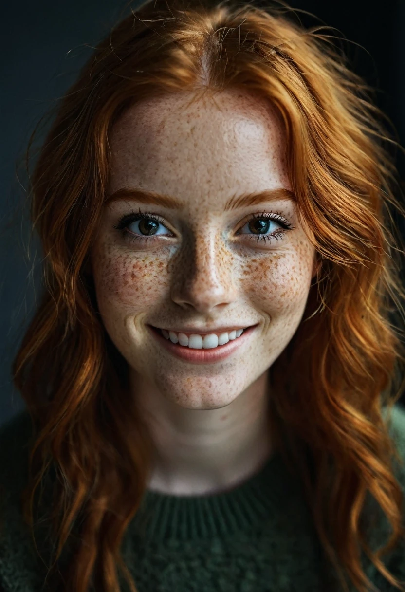 beautiful girl, smile, happy, close up, (detailed eyes:0.8), (looking at the camera:1.4), interior, (ginger hair:1.3), dark studio, muted colors, freckles