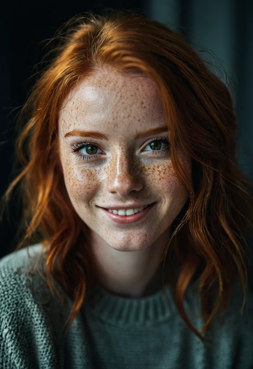 beautiful girl, smile, happy, close up, (detailed eyes:0.8), (looking at the camera:1.4), interior, (ginger hair:1.3), dark studio, muted colors, freckles