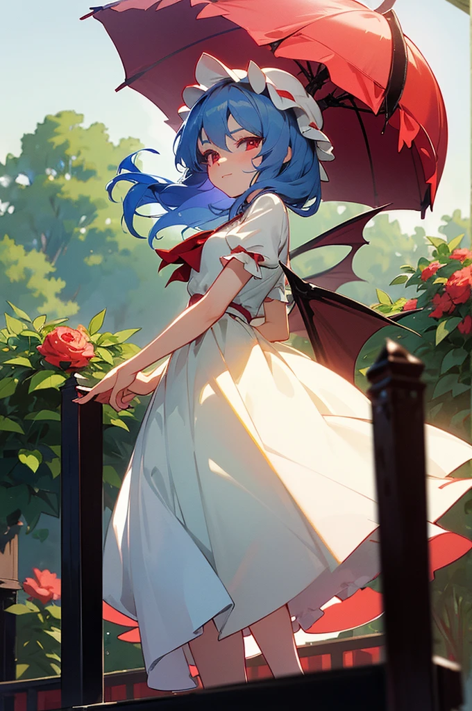 Remilia Scarlet (Touhou). In garden green, Walking wing white vintage umbrella. look at viewer. Cute face. blue hair. red eyes, long eyelashes. vintage white dress. fine Detail, masterpiece, top quality, official art, extremely detailed CG unity 8k wallpaper, cinematic lighting, (perfect shiny skin:0.6), slim and smooth lines, (floating),
