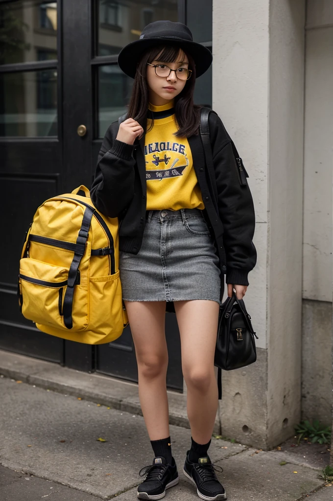 A around 15 or 17 yr old wearing a black and yellow outer school,... the inner clothes is casual clothes, with clothes is knitted material into neck, and use long leather shoes. with backpack, she uses black hat. holding black glasses and smartphone... (Semi realistic art style)