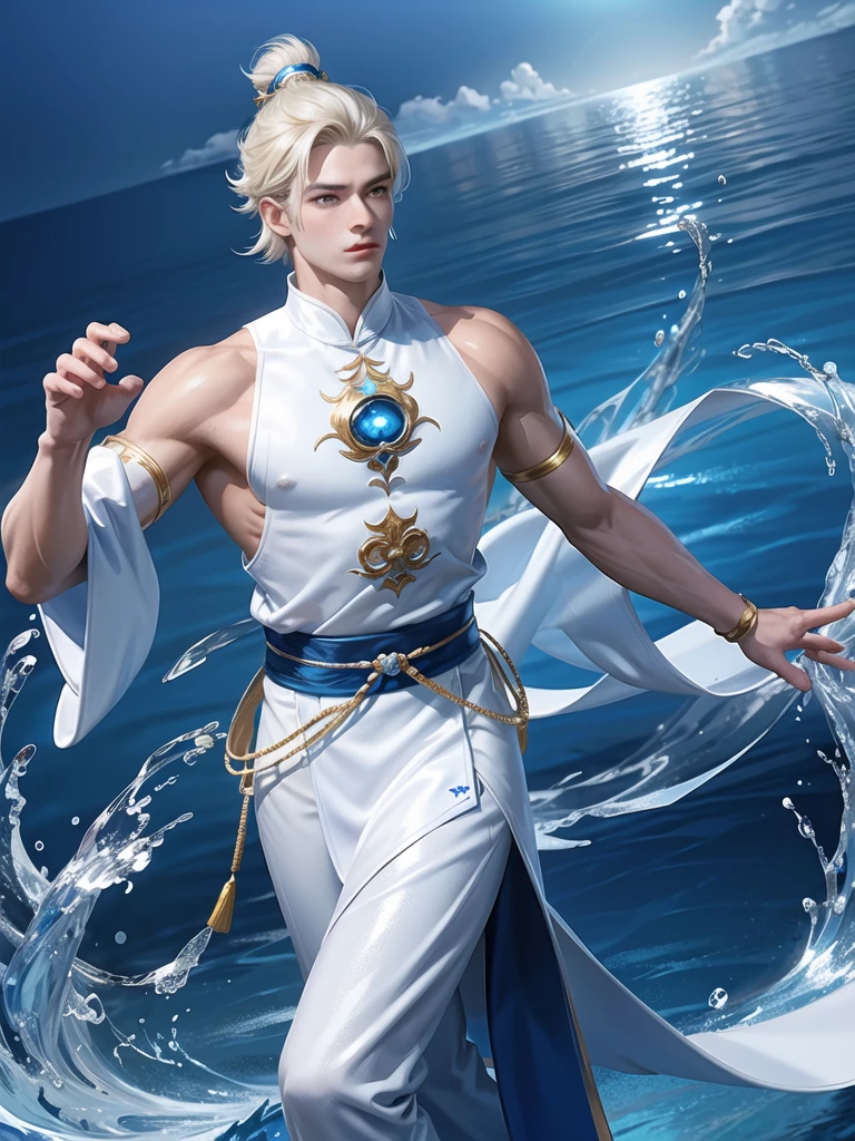 (Martial arts style works),(quality),(height),(Detailed background of a young boy.),(Water element),(beautiful),(Wearing a blue and white traditional Chinese dress),(Thin, shiny muscles)(light and shadow),(1 man),(ornamentation),(Chinese anime subtitles),(One blue sky ring)