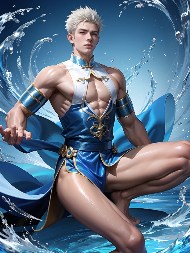 (Martial arts style works),(quality),(height),(Detailed background of a young boy.),(Water element),(beautiful),(Wearing a blue and white traditional Chinese dress),(Thin, shiny muscles)(light and shadow),(1 man),(ornamentation),(Chinese anime subtitles),(One blue sky ring)