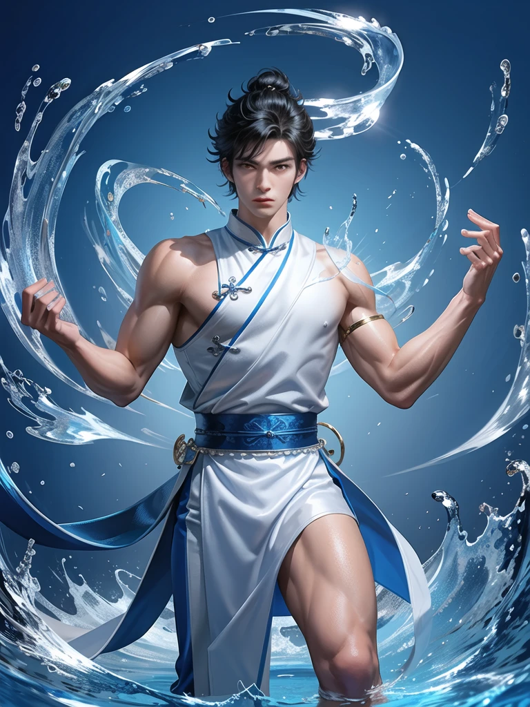 (Martial arts style works),(quality),(height),(Detailed background of a young boy.),(Water element),(beautiful),(Wearing a blue and white traditional Chinese dress),(Thin, shiny muscles)(light and shadow),(1 man),(ornamentation),(Chinese anime subtitles),(One blue sky ring)
