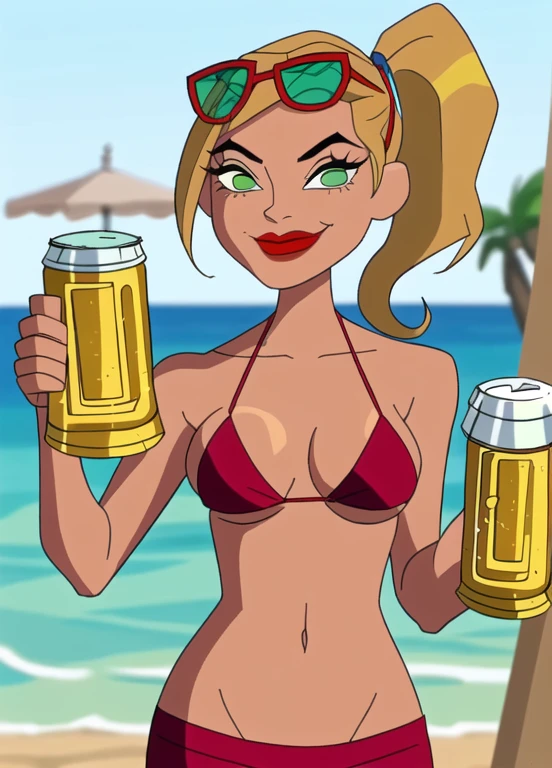 Derrick J Wyatt style, masterpiece, best quality, 1girl, solo, sexy, 36-years-old, tan olive skin, short blonde hair, pony tail style, emerald eyes, eyeshadow, mascara, red lipstick, ((Wearing a flossing green bikini and sunglasses)), she’s looking at the camera with a thrilled smile, ((holding a beer can in one hand)),