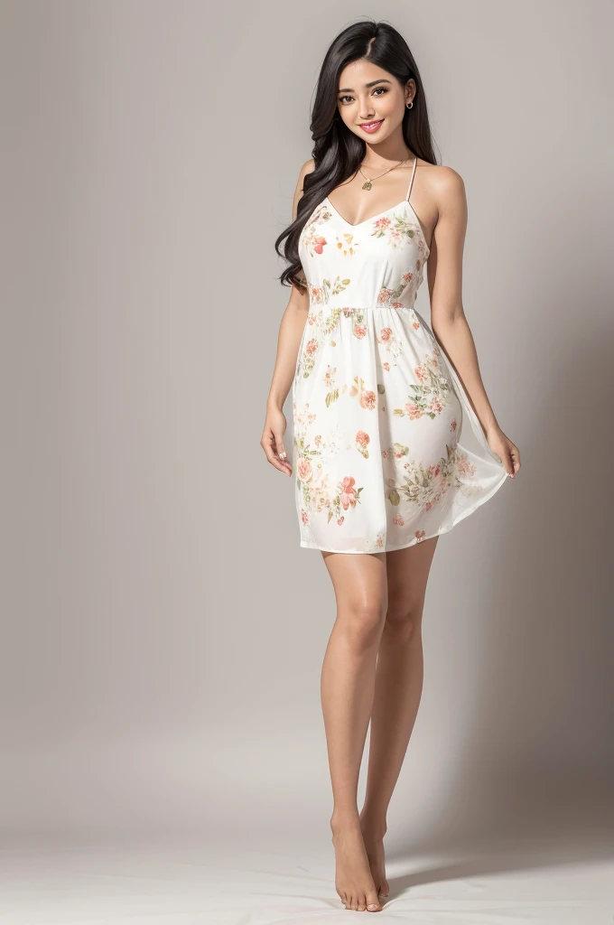 create a 28 year old Brazilian woman, standing model, Brown skin, long black hair, barefoot, white backdrop, wearing a short floral dress, full body, smiling,