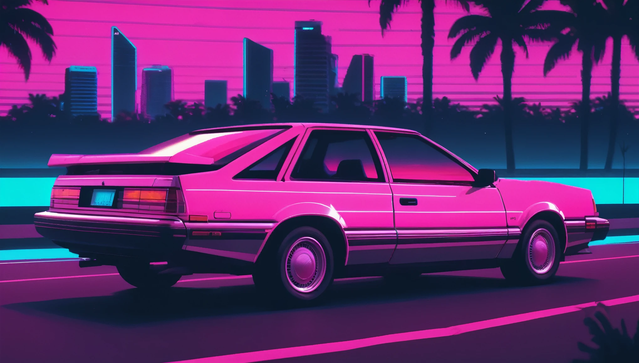 Miami 1985 synthwave car, vhs, scanlines, film grain, retro, synthwave