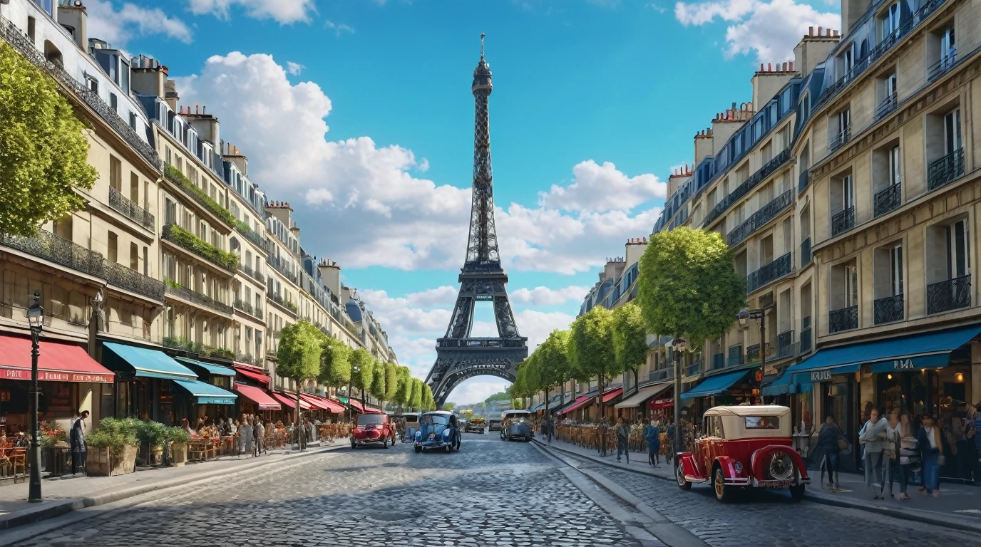 stunning detailed cityscape of paris france, 1paris street, eiffel tower, river seine, detailed architecture, beautiful detailed buildings, ornate streetlamps, cobblestone roads, bustling crowd, people walking, vintage cars, blue sky, fluffy clouds, natural lighting, vibrant colors, cinematic, highly detailed, photorealistic, 8k, masterpiece