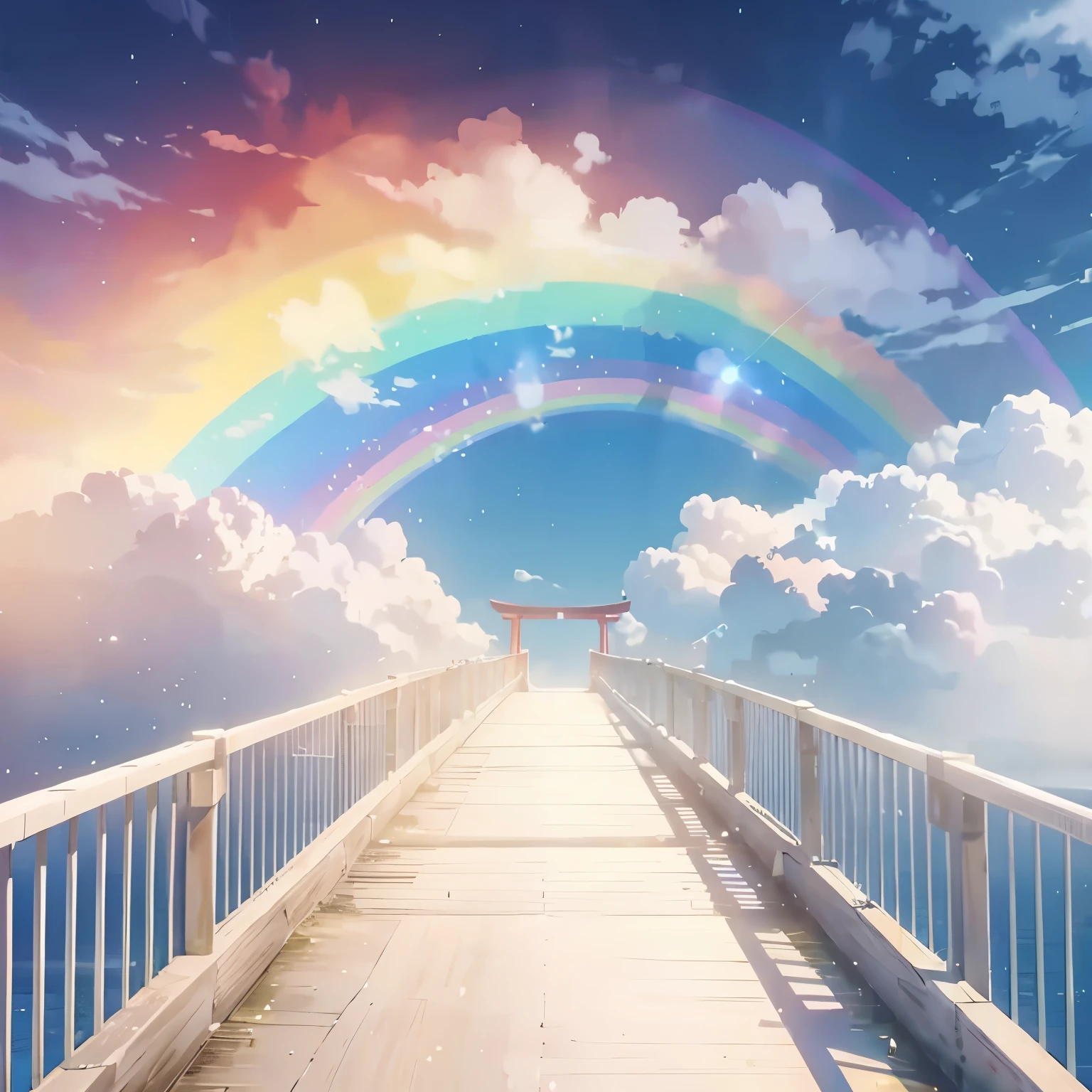 transform the bridge into a traditional Japanese bridge and remove the rainbow in the background, don't add anything in the background, keep the sky clear and full of clouds