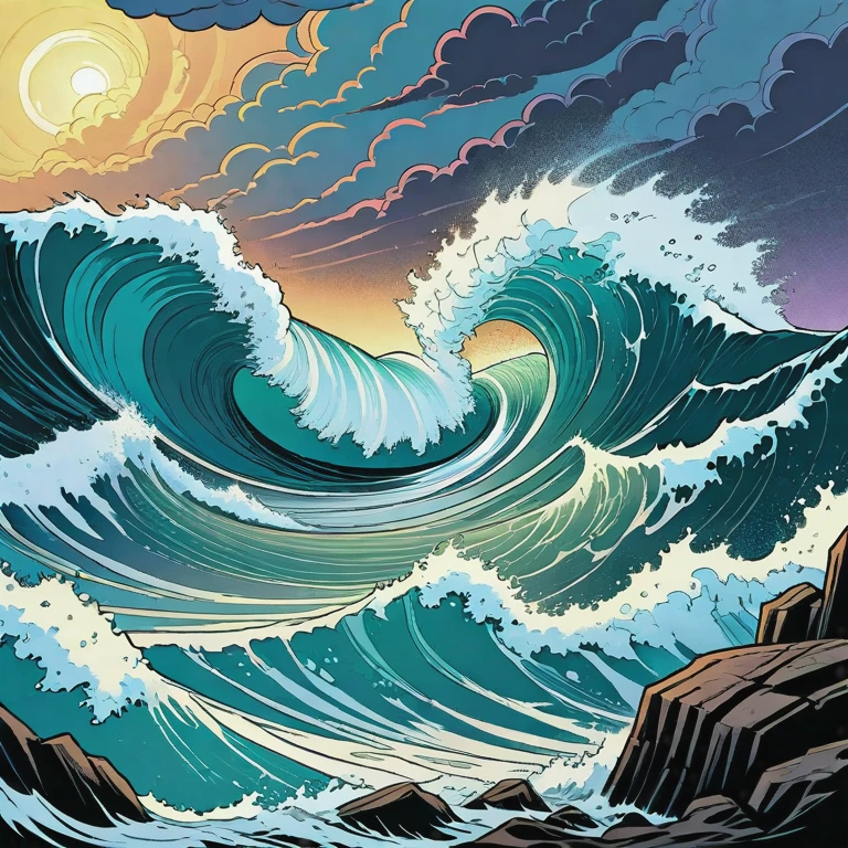 A close up of a wave in the ocean with a sky background - SeaArt AI