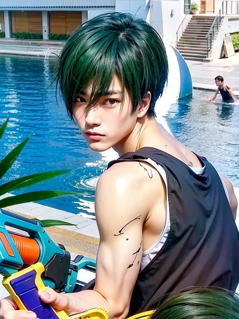 a realistic looking japanese teenage boy with slim but muscular built, dark green hair, holding a watergun, wearing a tank shirt, teal eyes with long uderlashes