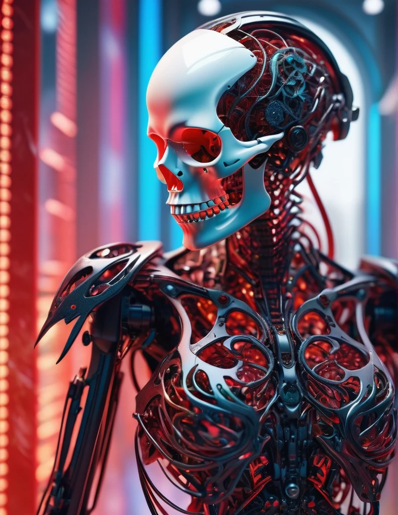 Complex 3d rendering ultra-detailed beautiful reaper of death, biomechanical robot, simulated 150mm shot, beautiful natural soft edge light, crystal , roots, delicate leaf lace, colorful details, pearl earrings, piercings, intricate details, mesh threads, mandelbro fractals, facial muscles, cable wires, microchips, badasses, surreal, ultra-detailed, octane rendering, volumetric lighting, 8k post-production, Red and white with a touch of black, metallic skeleton details, half-human, rainbow colors, futuristic room, power of God, complex body poses