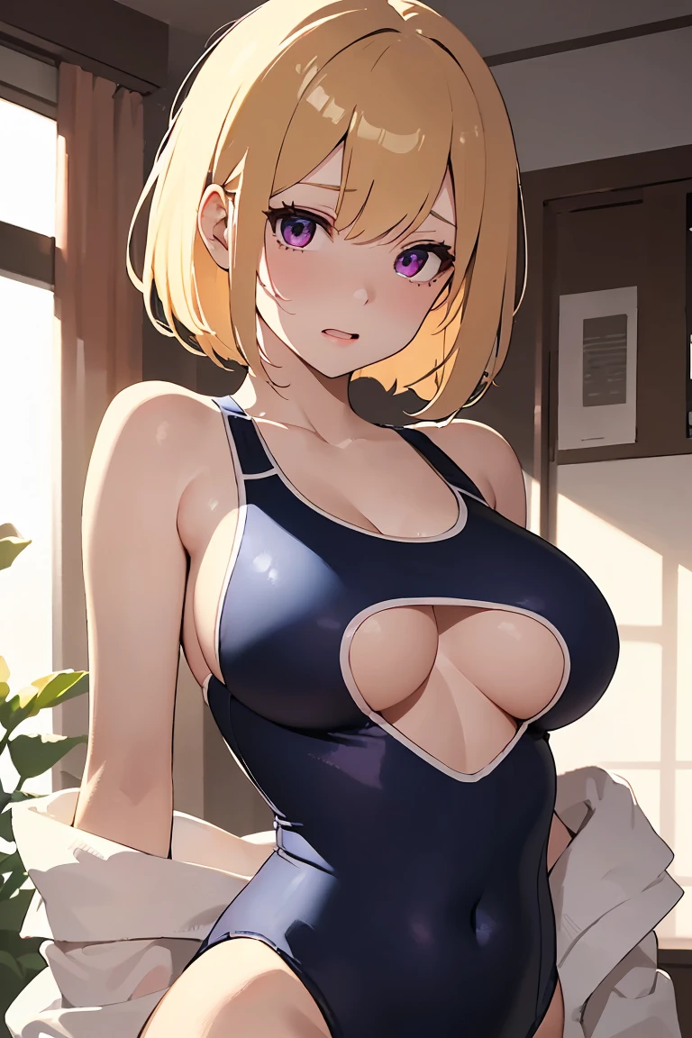 masterpiece, absurdres, best quality, ultra detailed, high Resolution, detailed illustration, bright colour, (extremely beautiful detailed face and eyes, Delicate beautiful face, 1 girl, cute face:1.3), (magenta eyes:1.1), sparkling eyes, big eyes, medium breasts, (perky breasts:1.1), (pointy breasts:1.1), medium hips, glamorous body, white skin, BREAK, long bob cut, (blonde hair:0.8), messy hair, detailed hair, shiny hair, BREAK (School Swimsuit, undressed, down blouse, Sideboob:1.3), perfect lighting, (embarrassed:1.3), (ecstasy, vulgarity:1.5), (trembling:0.8), full body,