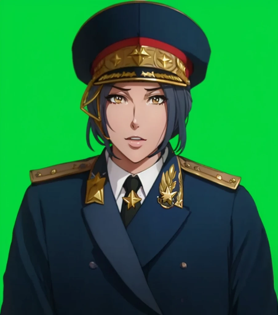 Woman, (1girl:1.3), (exceptional, best aesthetic, new, newest, best quality, anime, waifu:1.2), master piece, best quality, ultra detailed, absurdres, highres, colored, good anatomy, pretty face, grey hair, no beard, no mustache, big breast, sexy, military uniform, peak cap, neck tie, red part on the cap, star insignia on the cap,