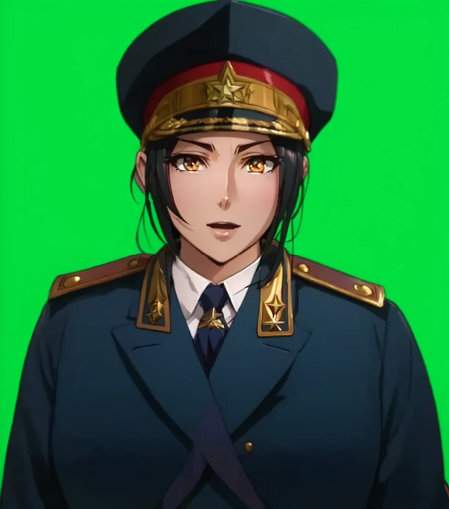 Woman, (1girl:1.3), (exceptional, best aesthetic, new, newest, best quality, anime, waifu:1.2), master piece, best quality, ultra detailed, absurdres, highres, colored, good anatomy, pretty face, grey hair, no beard, no mustache, big breast, sexy, military uniform, peak cap, neck tie, red part on the cap, star insignia on the cap,
