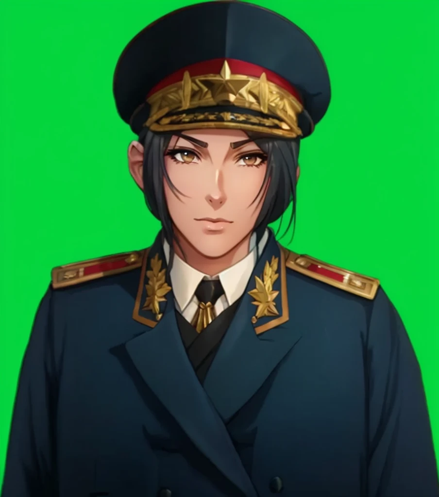 Woman, (1girl:1.3), (exceptional, best aesthetic, new, newest, best quality, anime, waifu:1.2), master piece, best quality, ultra detailed, absurdres, highres, colored, good anatomy, pretty face, grey hair, no beard, no mustache, big breast, sexy, military uniform, peak cap, neck tie, red part on the cap, star insignia on the cap,