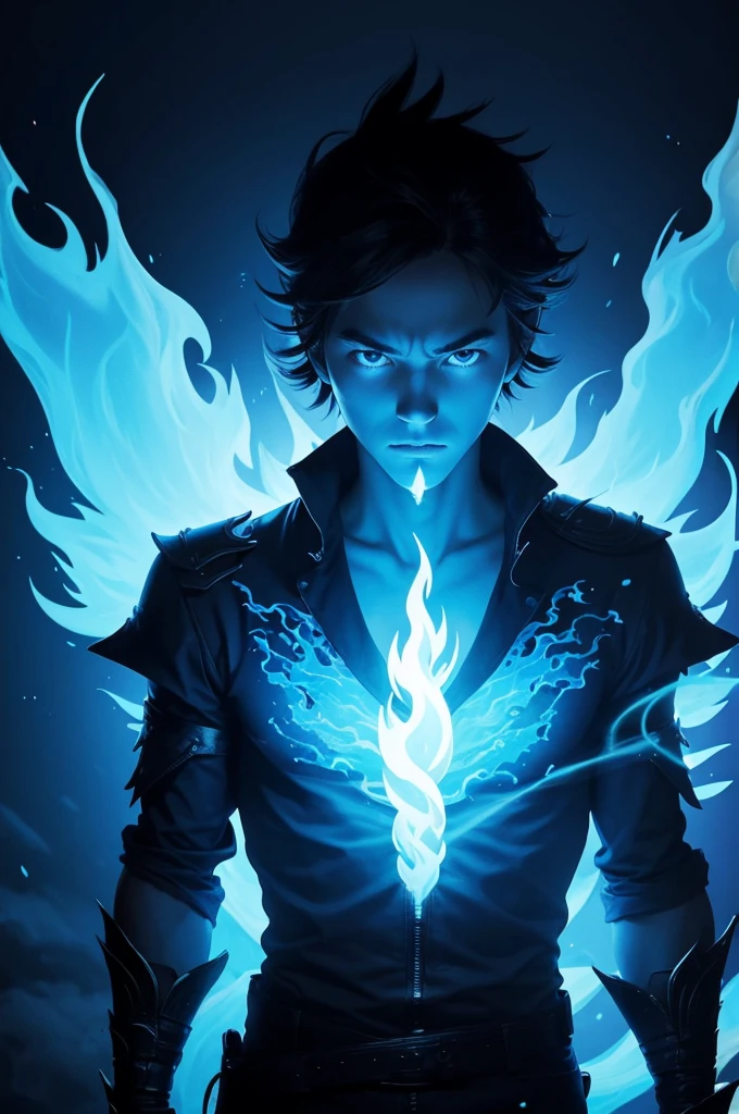 Create a silhouette of a character with some blue details and a background full of blue flames