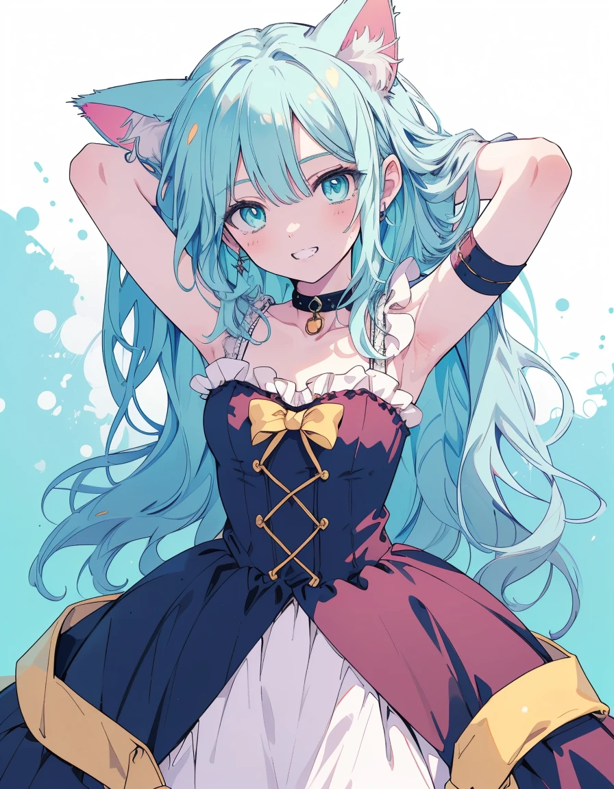 grin, arms behind head, fullbody, ((masterpiece, best quality:1.5)), ((Beautiful detailed cat aqua eyes:1.2)), cat ears, pale skin, small breasts, beautiful hands, beautiful fingers, EasyNegative