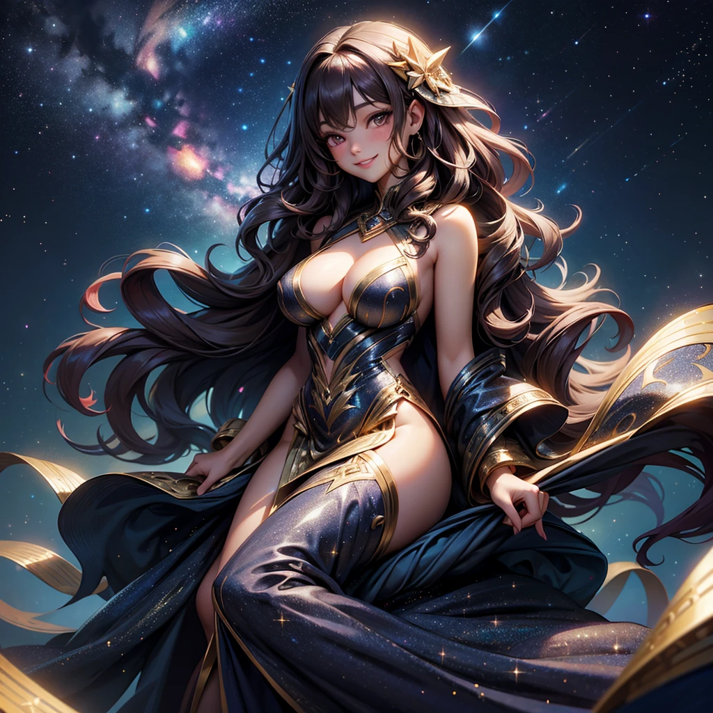 Woman with very long wavy dark hair and  huge unrevealing breast wearing a beautiful  glitter dress and smiling up. Little, surrounded by the night sky and galaxies