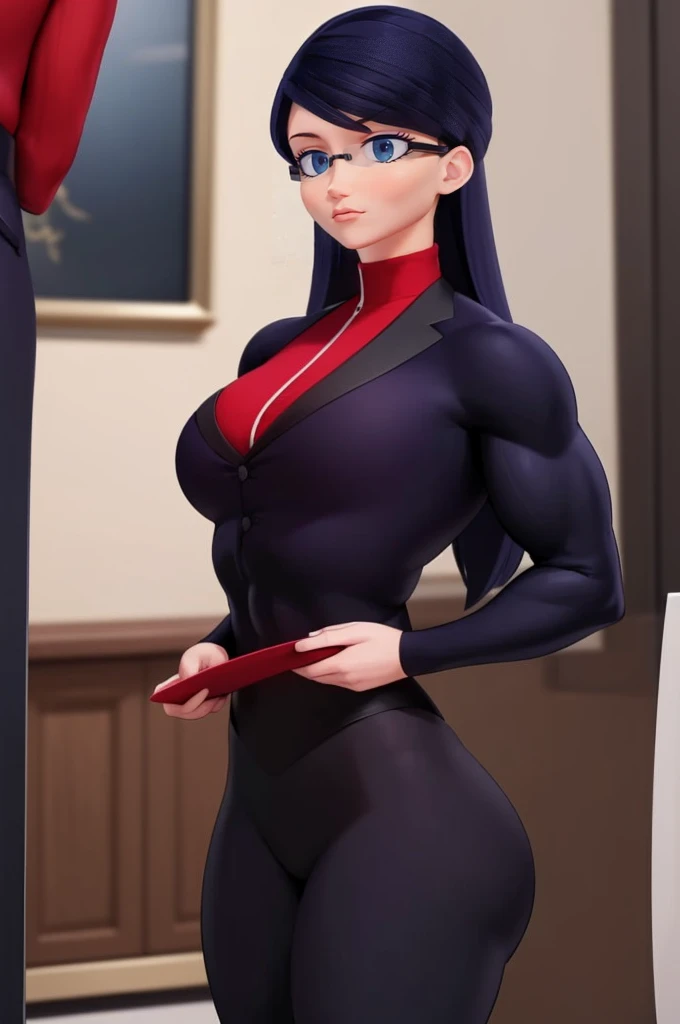 (masterpiece, best quality:1.2), 1girl, solo,Create a detailed illustration of Natalie Sancoeur from 'Miraculous Ladybug.' She a muscular female bodybuilder in red bra inside office suit and her hair is dark blue and a bit red from end to the left side of head, detailed face, beautiful detailed eyes, beautiful detailed lips, extremely detailed face and muscles, long eyelashes, strong muscles bulging through suit, dynamic pose, professional studio lighting, hyperrealistic, 8k, high quality, photorealistic, physically-based rendering, concept art, dramatic color palette, ((abs)), is depicted in her usual professional attire, with a stern and composed expression. The background should be set in the Agreste mansion, showcasing elements like elegant furniture and a grand staircase, reflecting the opulent setting. Emphasize her poised and meticulous nature, highlighting her distinctive glasses and neatly tied hair. The overall mood should be serious and sophisticated, capturing her role as a competent and loyal assistant.