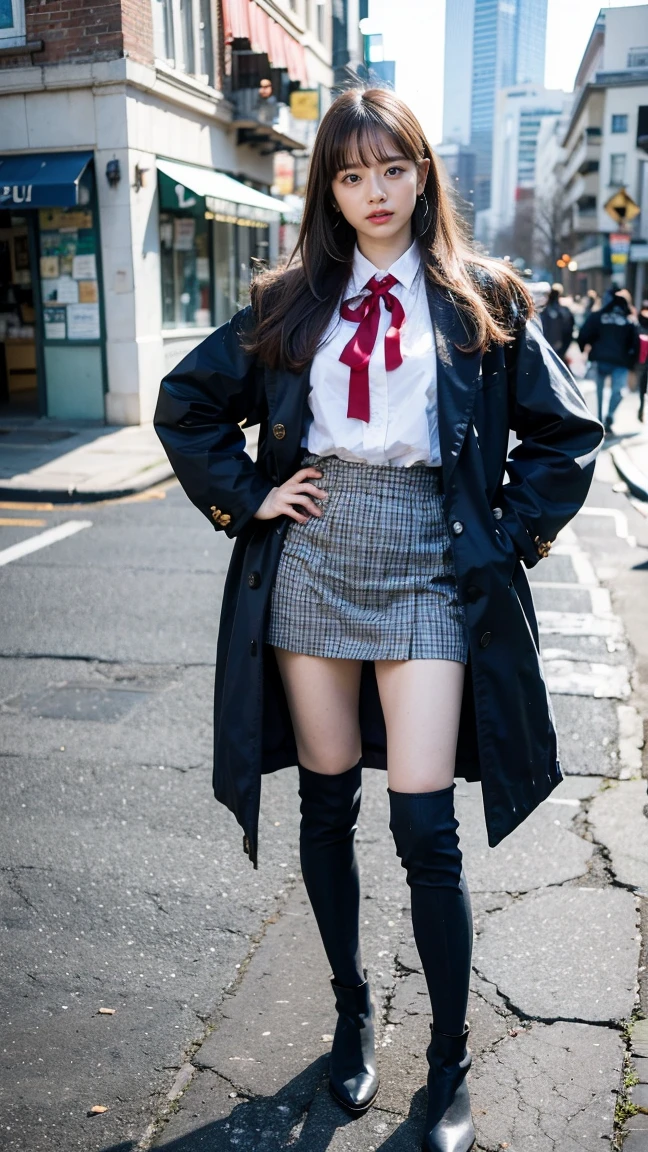 (8K、RAW Photos、Highest quality、masterpiece:1.2)、(Realistic、Photorealistic)、1 Girl、((In town、Coat of checks、Black Mini Skirt、Ribbon on chest、Blonde、Knee socks、boots、Big Breasts、Look forward、Standing with hands on hips))、