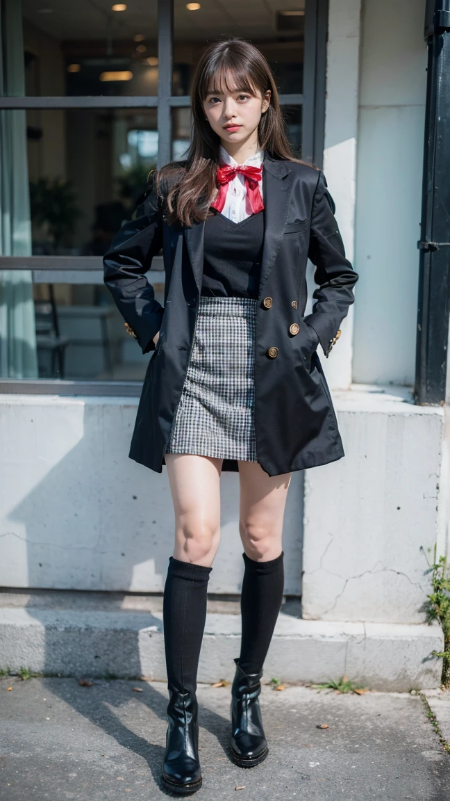 (8K、RAW Photos、Highest quality、masterpiece:1.2)、(Realistic、Photorealistic)、1 Girl、((In town、Coat of checks、Black Mini Skirt、Ribbon on chest、Blonde、Knee socks、boots、Big Breasts、Look forward、Standing with hands on hips))、