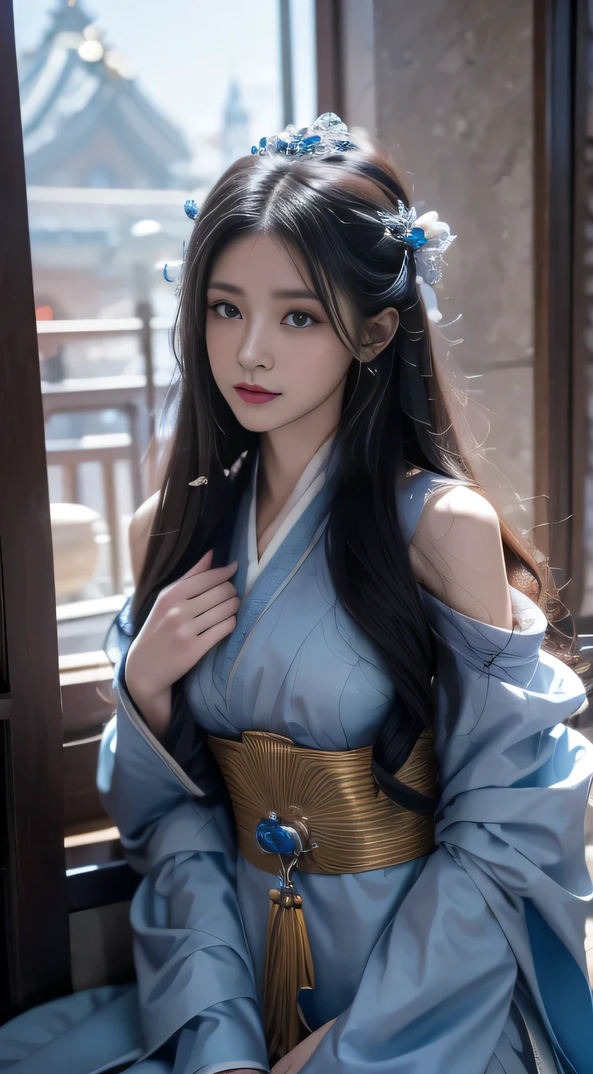 Black Hair, Hair shaking, victory, Long eyelashes, Solid round eye, A faint smile, Red ears, direction, Surrealism, shadow, Comfort, Stereogram, Standing picture, view, Atmospheric perspective, 8K, Super Detail, precise, best quality,A lady in a blue dress sits on the stairs, Beautiful fantasy queen, Full body fairy, Flowing Magic Robe, Inspired by Lan Ying, Anime Goddess, palace , Girl wearing Hanfu, Beautiful celestial magician, xianxia fantasy, ((Beautiful fantasy queen)), Japanese Goddess, Popular on cgstation, cotton cloud mage robes
