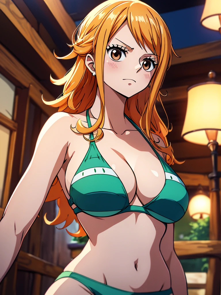 Nami from One Piece、sexy、NSFW、very light orange そして yellowish haired girl,Beautiful brown eyes, Blushingる,Sensational, chest,Blushing、short hair、The art style should resemble an appealing anime style. Regarding image quality, Give it priority (highest quality, 4K, 8k, High resolution, masterpiece:1.2), Very detailed、 rendering、To enhance the visual, Add HDR, 超High resolution, Studio Lighting, Ultra-fine painting, Professional, Vibrant colors, And bokeh、Green Bikini、chestを寄せる