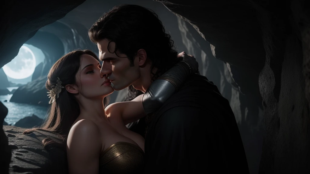 Ultra-detailed, perfect 8k faces, ((hole body,)) Henry Cavill als der Beren, I kiss the beautiful elvin Lúthien with lust and passion in a lit cave, into which the moonlight falls