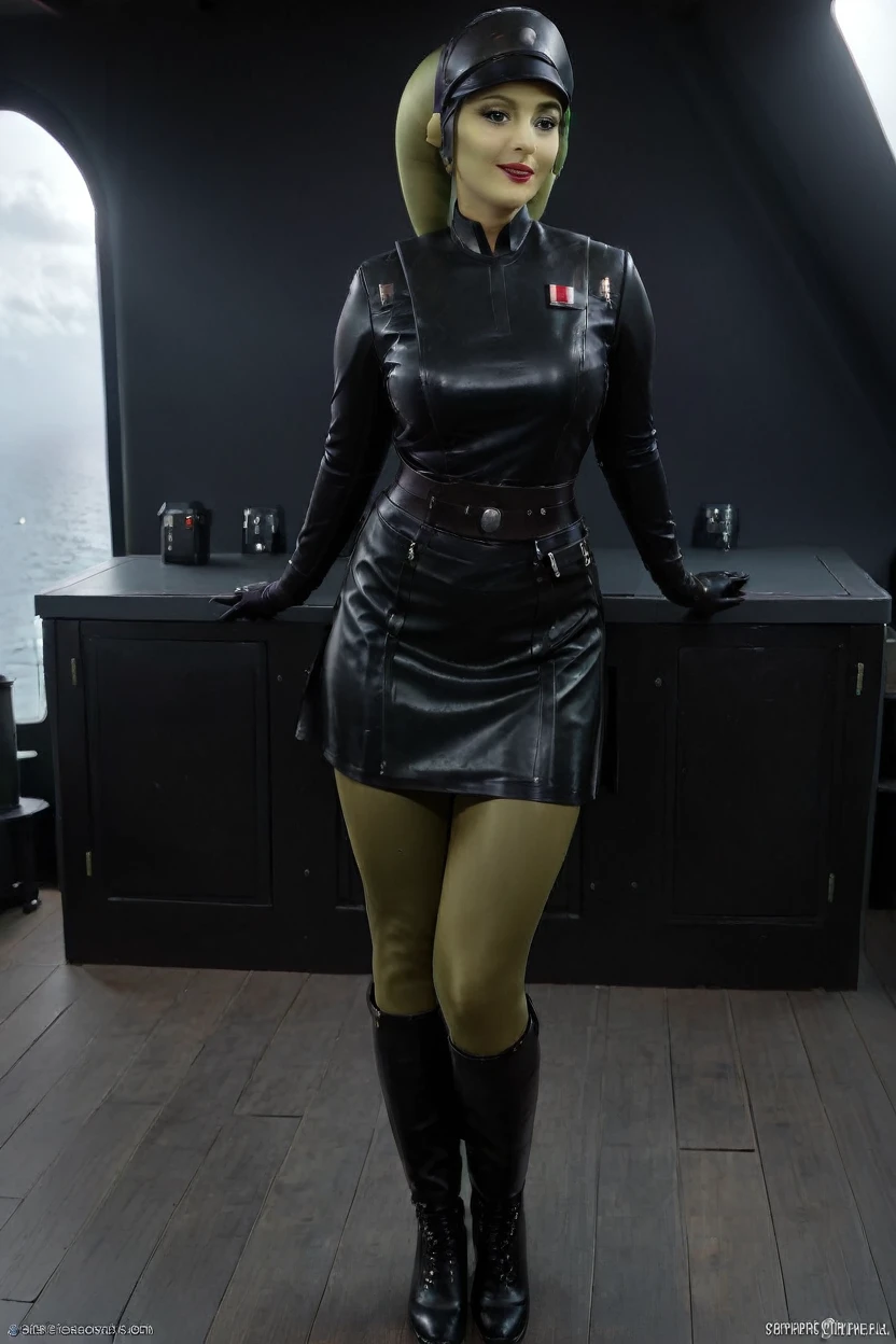 cinematic film still hera syndulla, (green skin:1.2), grin at canal, full body imperail officer wearing a black uniform with a skirt, standing in a dark interior, highly detailed, high budget Hollywood movie
