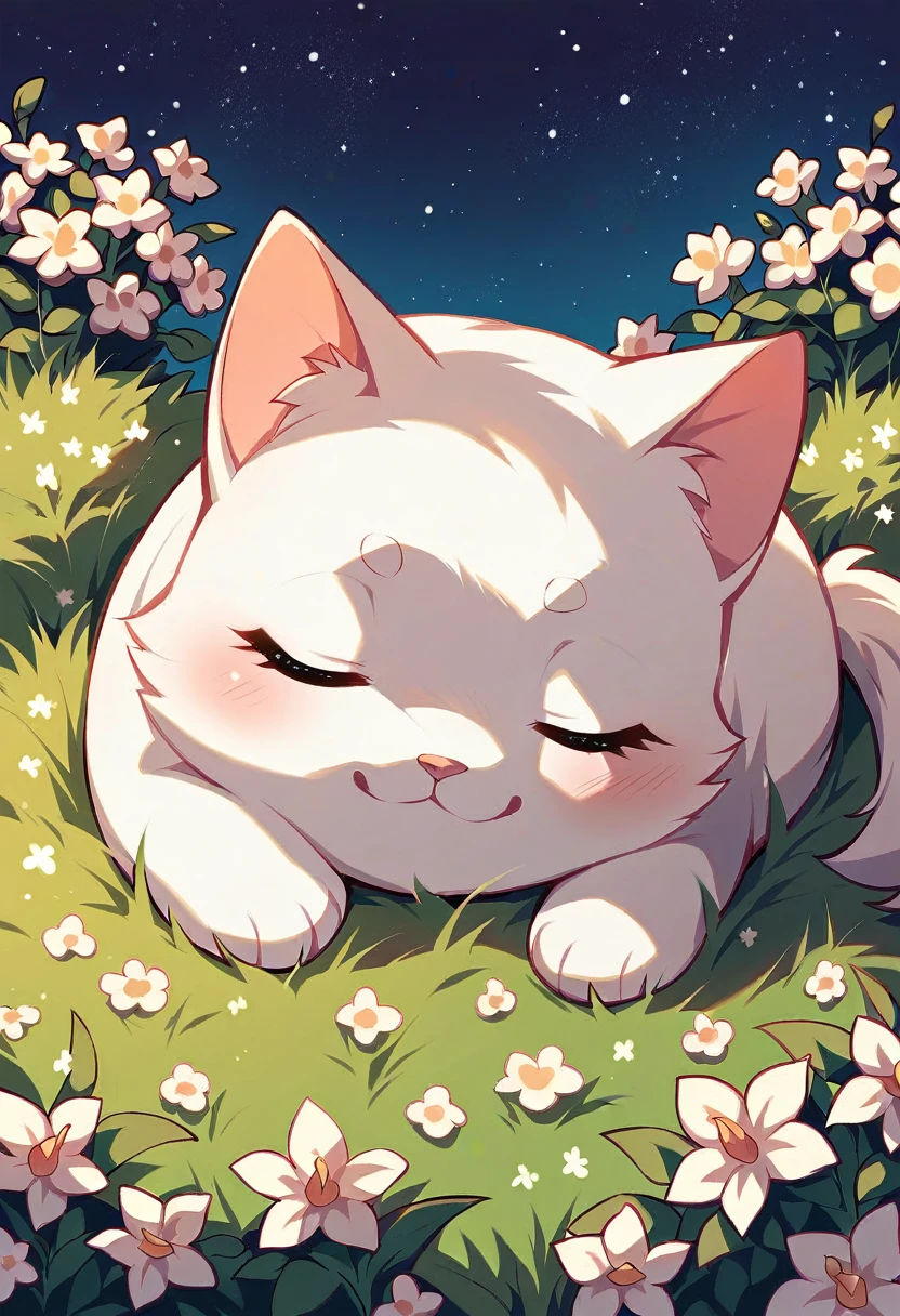 Cute white cat、Sleeping in a flower field、Starry sky in the background、Fantasy art、１６：９