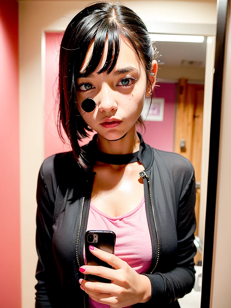 best quality, (photorealistic:1.4), 1girl, (black shirt:1.2), (pink jacket:1.2) Big-eyed woman taking a selfie against bathroom mirror, 8k selfie photograph,iphone selfie, selfie shot straight on angle, selfie of a young woman, She is facing the camera, Face picture, As young as 1 to 6 years