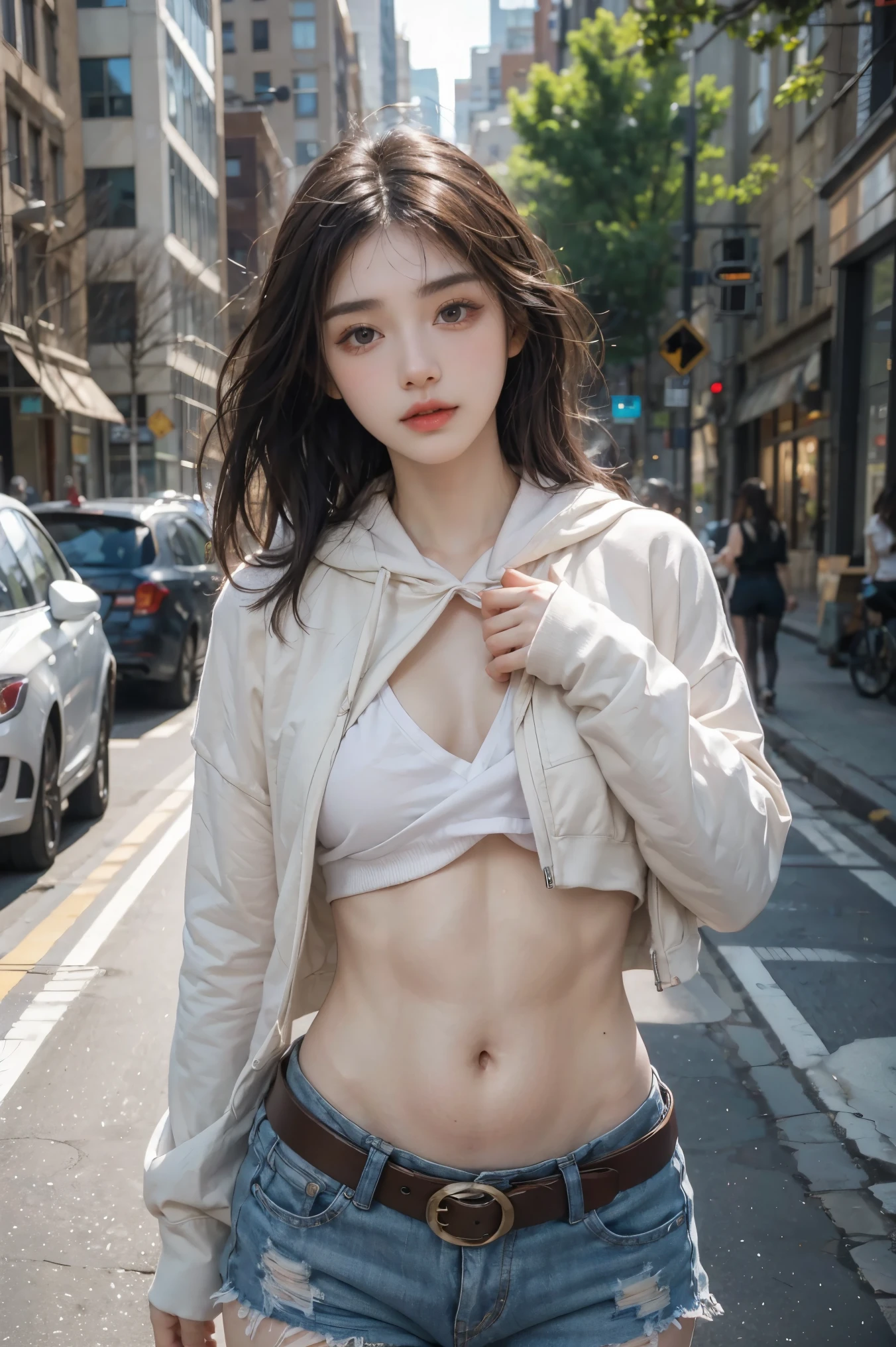 Girl in street scene, Cropped belly-baring hoodie, Exposed lower abdomen，Low-rise shorts, Metal belt,((cowboy shot))，Looking at the camera，Detailed facial features, beautiful eyes, Lips, and long eyelashes, Reality, 8K， HD Skin，Visible pores，Very detailed, Studio Lighting, Dramatic Lighting, Vibrant colors, work, City Streets，The abdomen is open，Showing belly，Sexy abdominal muscles