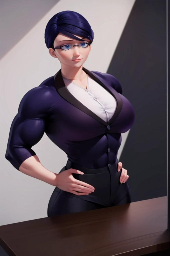 a muscular female bodybuilder in red bra inside office suit and her hair is dark blue, and a bit red from end to the left side of head, detailed face, beautiful detailed eyes, beautiful detailed lips, extremely detailed face and muscles, long eyelashes, strong muscles bulging through suit, dynamic pose, professional studio lighting, hyperrealistic, 8k, high quality, photorealistic, physically-based rendering, concept art, dramatic color palette,((abs)).
