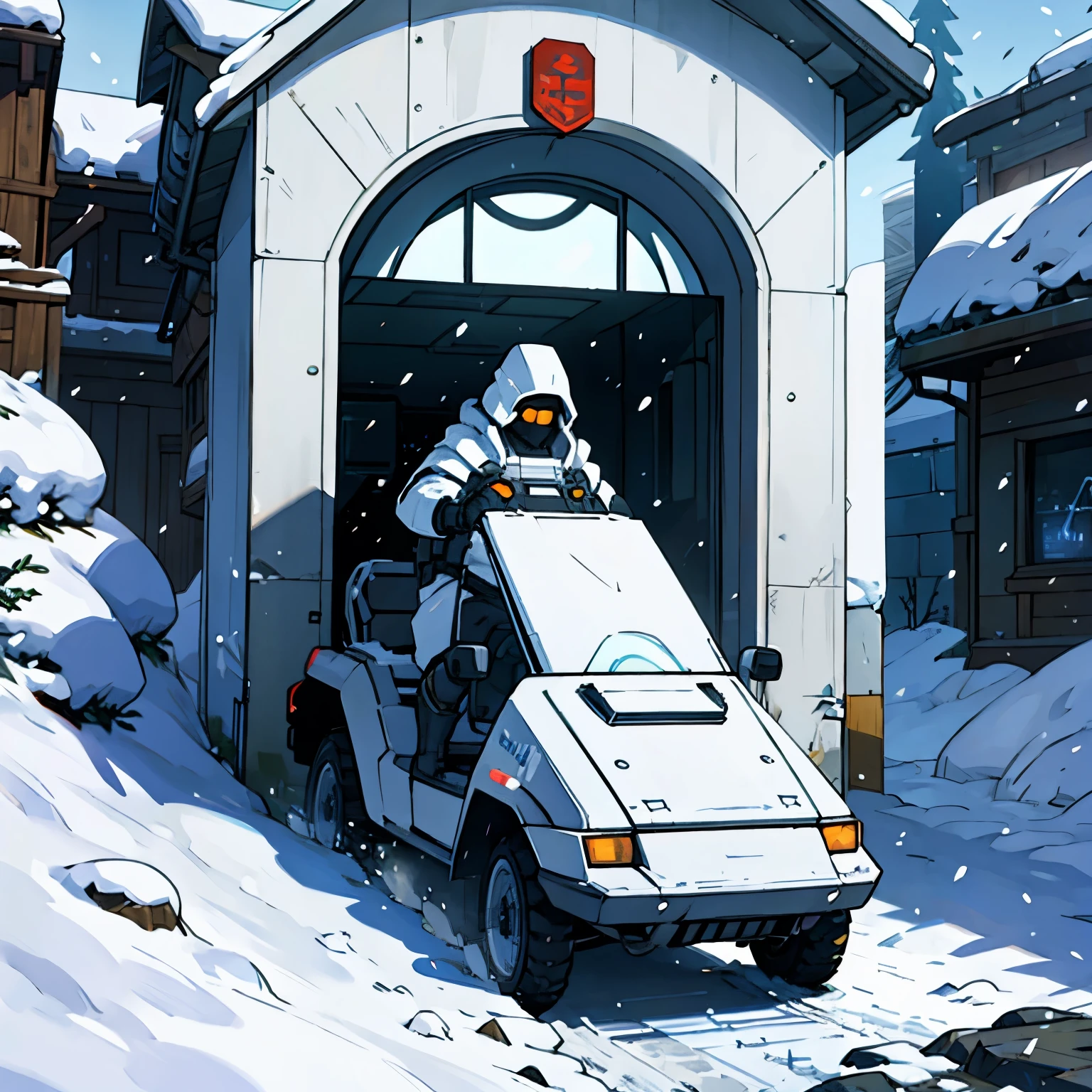 Futuristic soldiers in white, moving cargo in the middle of the snow, futuristic shelter