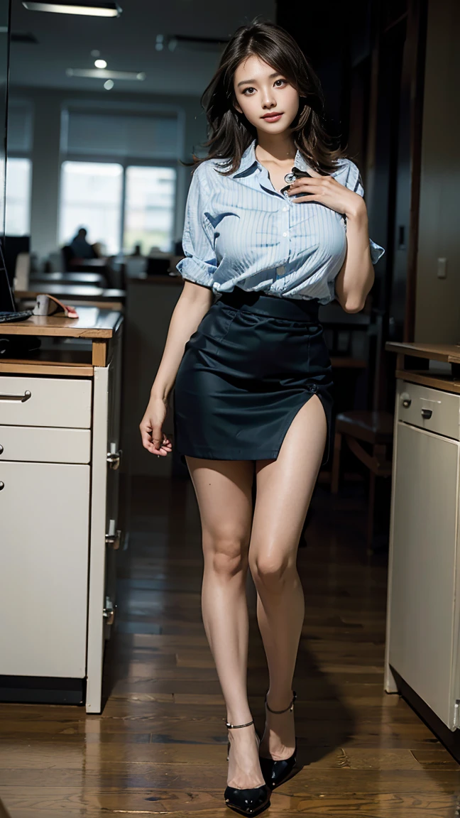 (of the highest quality, masterpiece, photorealistic, Super detailed, Ultra-high resolution, born:1.3), (1 girl:1.5), beautiful, danish blonde, Madura, 28 years, office workers, (very united, short skirt), ({money| the payment| Red wine| Armada| Rosa| yellow green| Violet| blue sky} Clothes), (smile), (hits), high waistband, collar, (office, interior, crystal room), (long legs, high heels, whole body:1.2), (big breasts:1.3), (crew)
