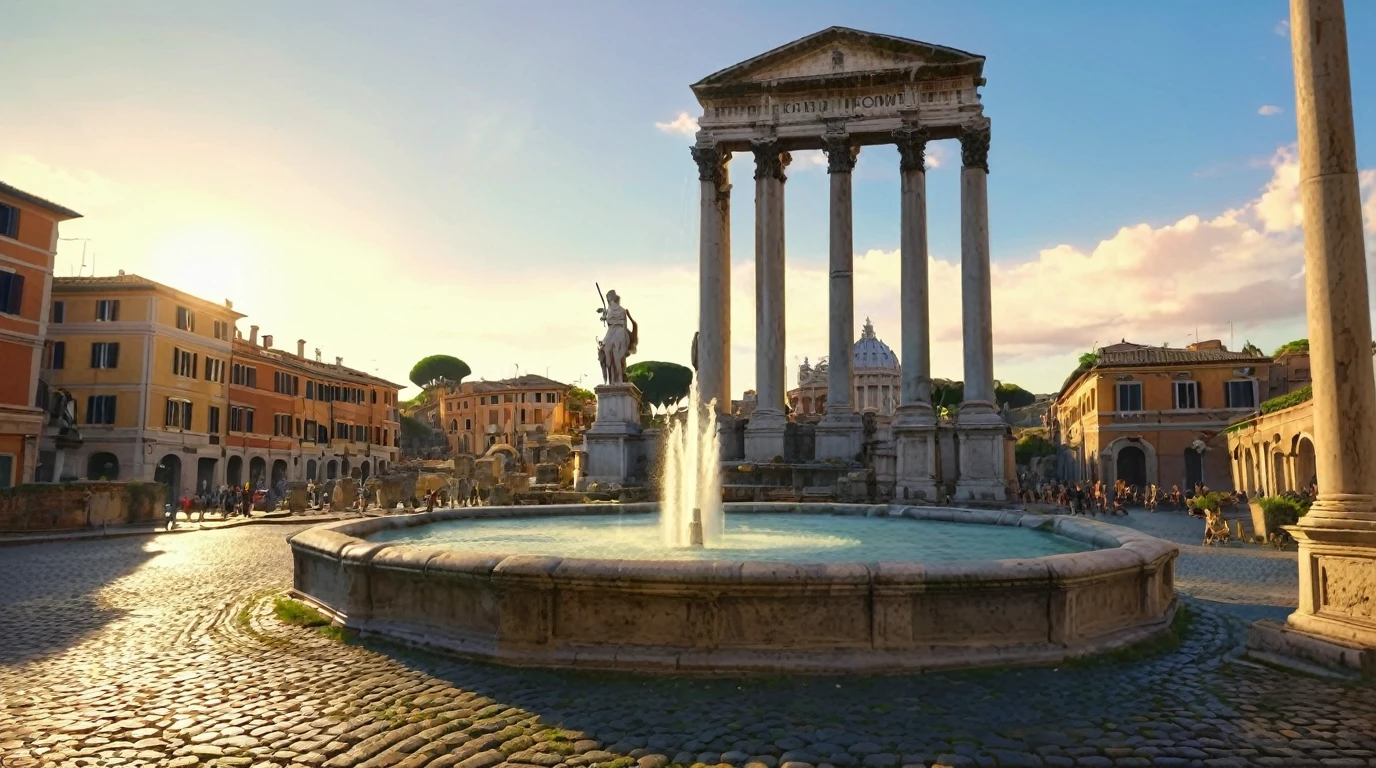 1girl,Rome landmark,detailed architecture,ancient Roman ruins,Roman column,marble statue,Roman fountain,historic city,medieval town,cobblestone street,beautiful landscape,detailed sky,golden hour lighting,vibrant colors,(best quality,8k,highres,masterpiece:1.2),ultra-detailed,(realistic,photorealistic,photo-realistic:1.37),cinematic composition,professional photography