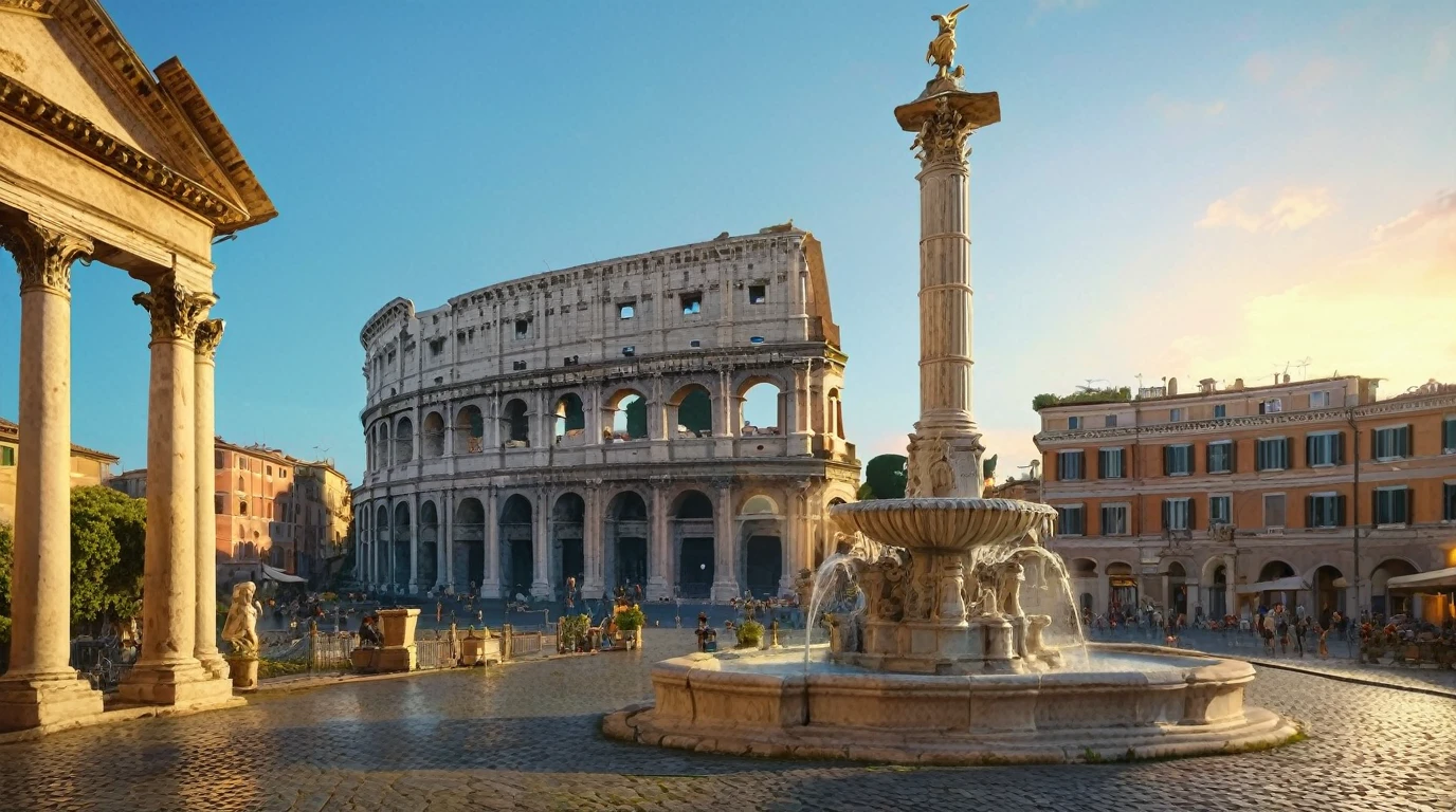 1girl,Rome landmark,detailed architecture,ancient Roman ruins,Roman column,marble statue,Roman fountain,historic city,medieval town,cobblestone street,beautiful landscape,detailed sky,golden hour lighting,vibrant colors,(best quality,8k,highres,masterpiece:1.2),ultra-detailed,(realistic,photorealistic,photo-realistic:1.37),cinematic composition,professional photography