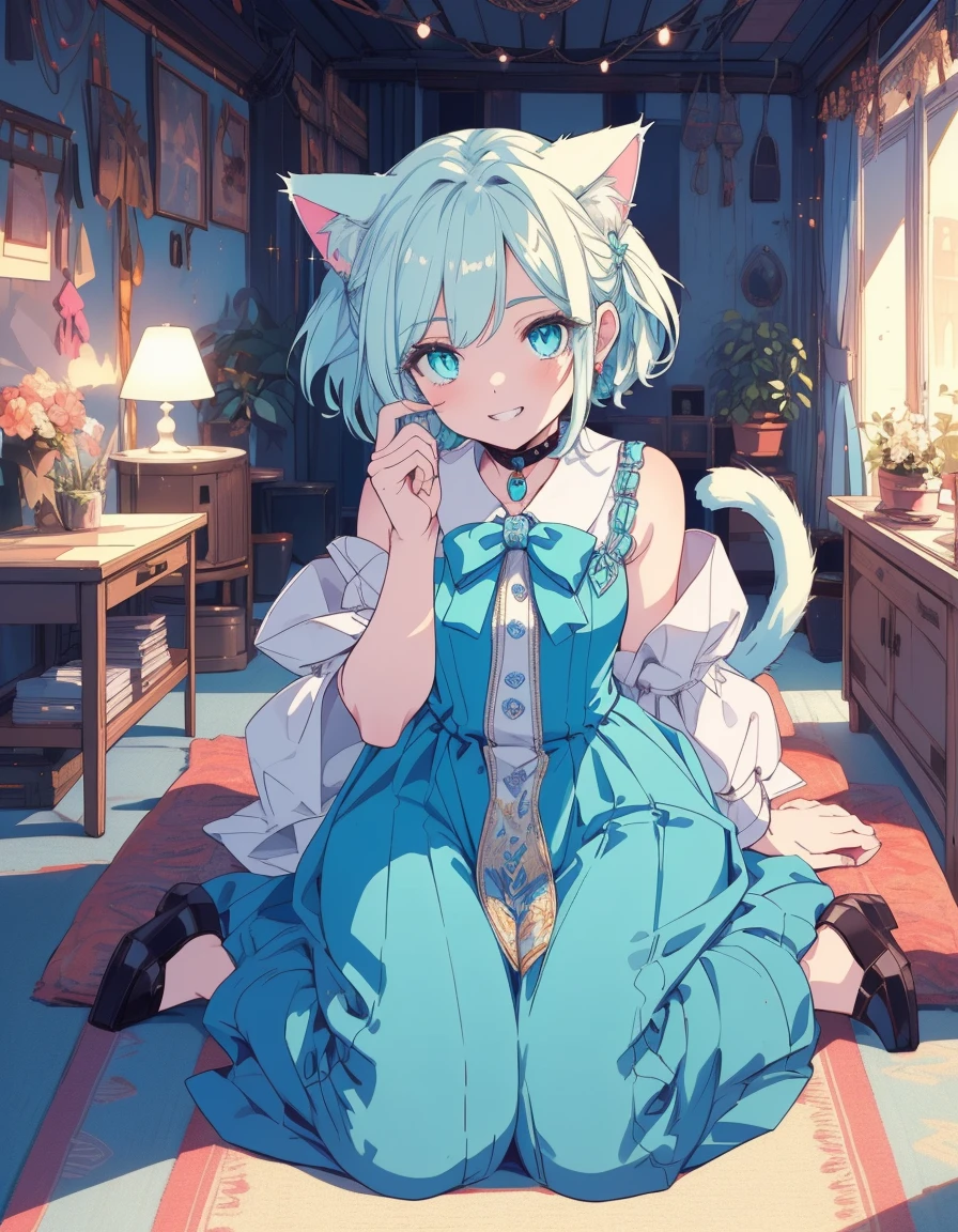 grin, indian style, fullbody, ((masterpiece, best quality:1.5)), ((Beautiful detailed cat aqua eyes:1.2)), cat ears, pale skin, small breasts, beautiful hands, beautiful fingers, EasyNegative
