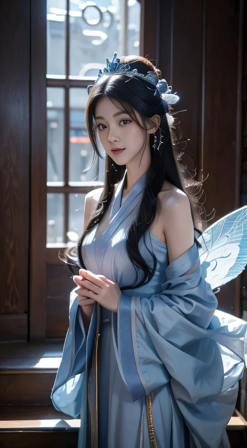 Black Hair, Hair shaking, victory, Long eyelashes, Solid round eye, A faint smile, Red ears, direction, Surrealism, shadow, Comfort, Stereogram, Standing picture, view, Atmospheric perspective, 8K, Super Detail, precise, best quality，A lady in a blue dress sits on the stairs, Beautiful fantasy queen, Full body fairy, Flowing Magic Robe, Inspired by Lan Ying, Anime Goddess, palace ， Girl wearing Hanfu, Beautiful celestial magician, xianxia fantasy, ((Beautiful fantasy queen)), Japanese Goddess, Popular on cgstation, cotton cloud mage robes