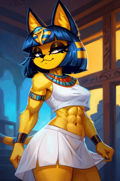 ((best quality)), ((masterpiece)), (detailed), a digital sideview artwork of ankha with abs wearing a crop top of her white sleeveless dress with white long skirt, a bare midriff and a bare navel, ((trending on artstation)), ((4k)), furry, anthro style, 2d style, smug face