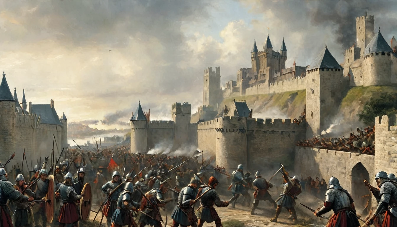 14th century, siege of the medieval city of Calais. The scene shows a walled city under siege, with imposing stone walls and defensive towers. In the foreground, medieval soldiers are using a variety of siege machinery, such as catapults, siege towers and battering rams, to attack the walls. The soldiers wear chain mail and plate armor, with banners fluttering in the wind. The city's defenses include archers on the walls, shooting arrows at attackers, and defenders pouring boiling oil from the top of the walls. The sky is cloudy and smoky, with parts of the walls damaged and in ruins. The atmosphere is chaotic and full of tension, capturing the brutality and determination of both sides in this historic siege., Hyperrealism, UHD, retina, masterpiece, accurate, anatomically correct, textured skin, super detail, award winning, 8k