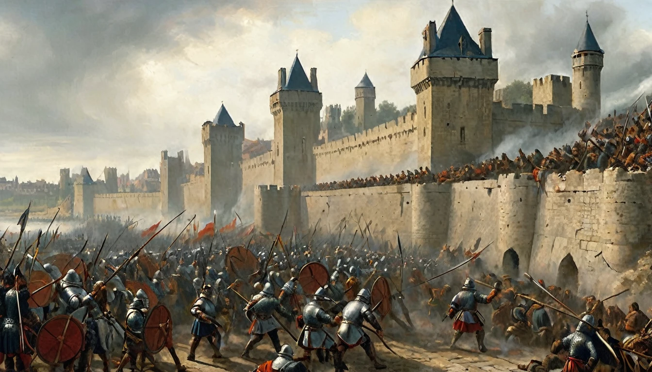 14th century, siege of the medieval city of Calais. The scene shows a walled city under siege, with imposing stone walls and defensive towers. In the foreground, medieval soldiers are using a variety of siege machinery, such as catapults, siege towers and battering rams, to attack the walls. The soldiers wear chain mail and plate armor, with banners fluttering in the wind. The city's defenses include archers on the walls, shooting arrows at attackers, and defenders pouring boiling oil from the top of the walls. The sky is cloudy and smoky, with parts of the walls damaged and in ruins. The atmosphere is chaotic and full of tension, capturing the brutality and determination of both sides in this historic siege., Hyperrealism, UHD, retina, masterpiece, accurate, anatomically correct, textured skin, super detail, award winning, 8k
