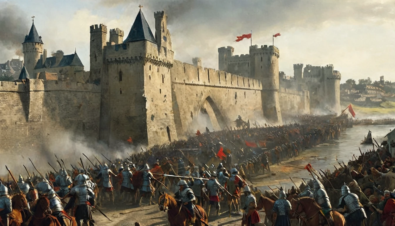 14th century, siege of the medieval city of Calais. The scene shows a walled city under siege, with imposing stone walls and defensive towers. In the foreground, medieval soldiers are using a variety of siege machinery, such as catapults, siege towers and battering rams, to attack the walls. The soldiers wear chain mail and plate armor, with banners fluttering in the wind. The city's defenses include archers on the walls, shooting arrows at attackers, and defenders pouring boiling oil from the top of the walls. The sky is cloudy and smoky, with parts of the walls damaged and in ruins. The atmosphere is chaotic and full of tension, capturing the brutality and determination of both sides in this historic siege., Hyperrealism, UHD, retina, masterpiece, accurate, anatomically correct, textured skin, super detail, award winning, 8k
