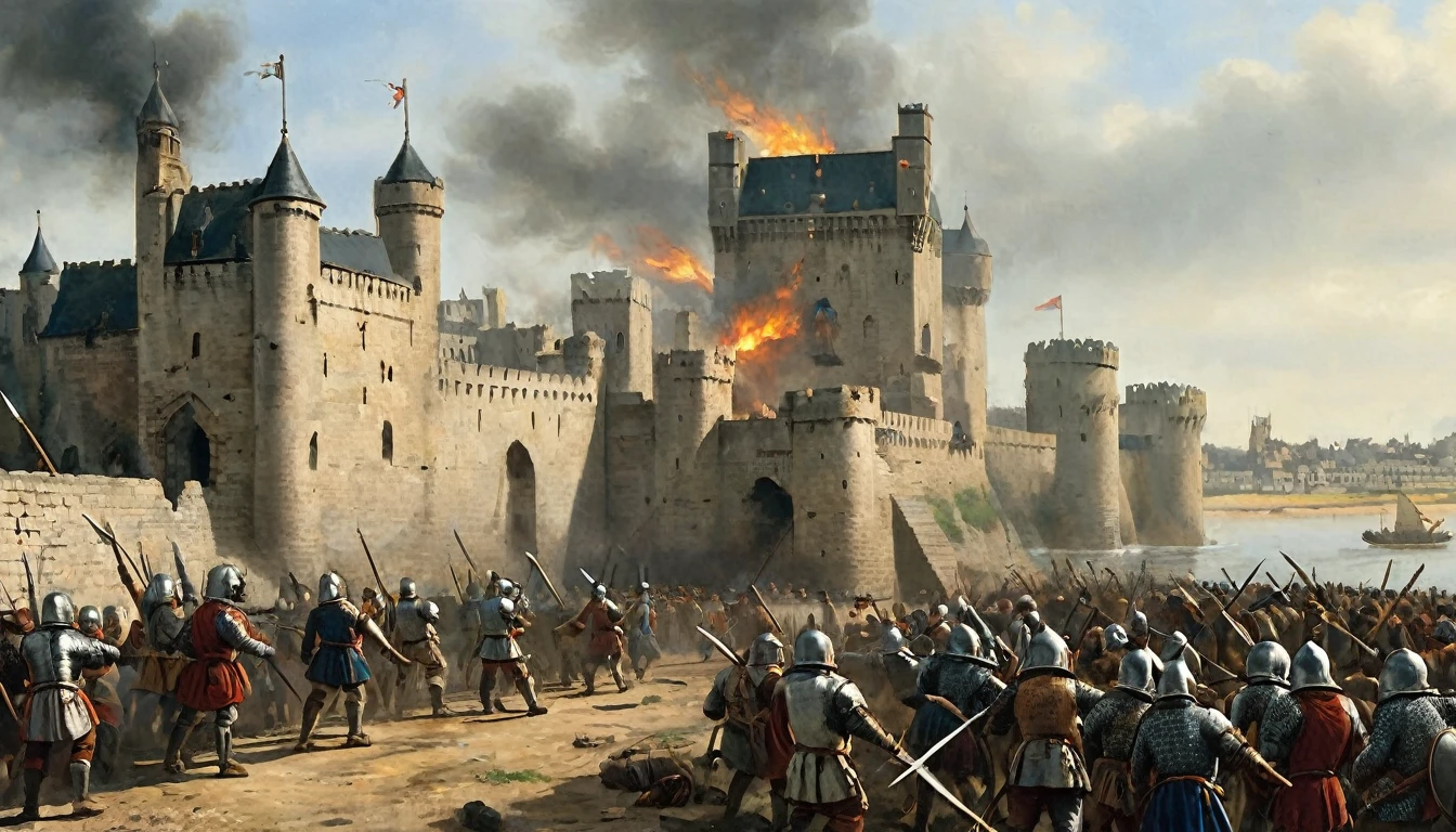 14th century, siege of the medieval city of Calais. The scene shows a walled city under siege, with imposing stone walls and defensive towers. In the foreground, medieval soldiers are using a variety of siege machinery, such as catapults, siege towers and battering rams, to attack the walls. The soldiers wear chain mail and plate armor, with banners fluttering in the wind. The city's defenses include archers on the walls, shooting arrows at attackers, and defenders pouring boiling oil from the top of the walls. The sky is cloudy and smoky, with parts of the walls damaged and in ruins. The atmosphere is chaotic and full of tension, capturing the brutality and determination of both sides in this historic siege., Hyperrealism, UHD, retina, masterpiece, accurate, anatomically correct, textured skin, super detail, award winning, 8k
