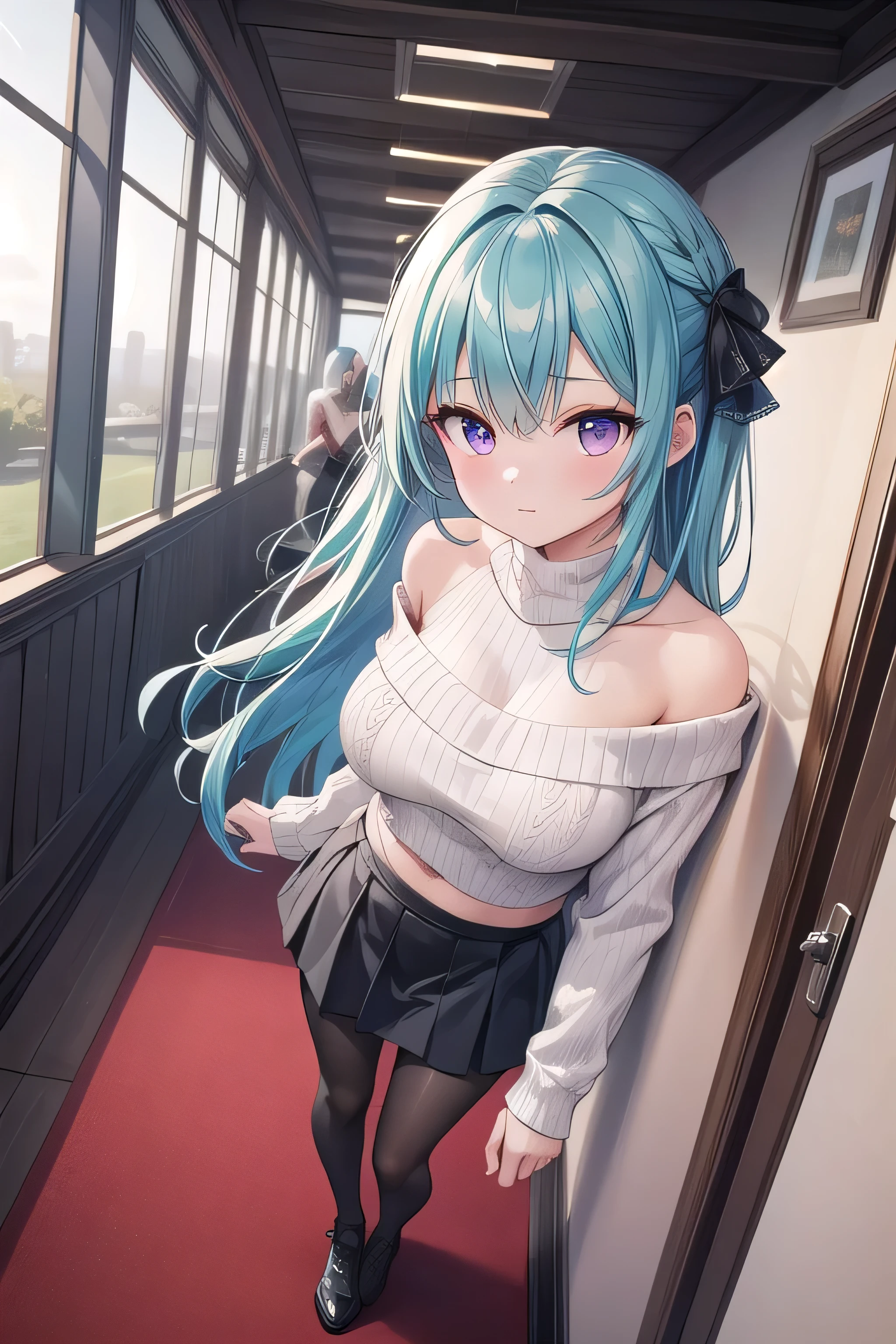full body, masterpiece, 8k, ultra HD, sharp focus, details hair, beautiful hair, details face, beautiful detail eye, details pupil, perfect hand, vibrant colours, soft lighting.

1girl, long hair, hair accessory, style hair, (green -blue hair), light purple eyes, giant breast, open chest sweater, elegant, cropped sweater, off-the-shoulder, exclusive skirt, pantyhose 

night scene, Hall, indoor, red carpet, evening, window, clouds .